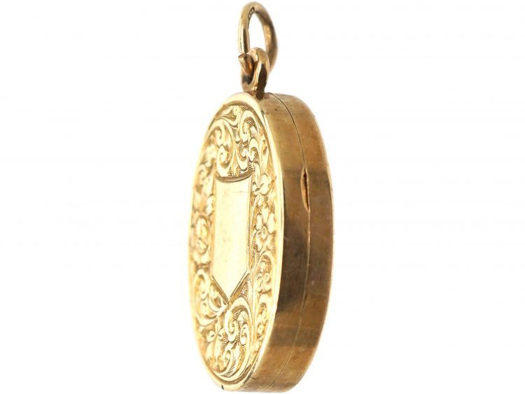 Edwardian 9ct Gold Oval Locket Engraved with Ivy Leaves & Roses