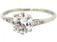 Art Deco Platinum, Diamond Solitaire Ring with Diamond Set Shoulders