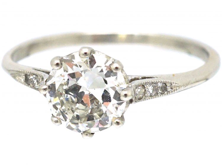 Art Deco Platinum, Diamond Solitaire Ring with Diamond Set Shoulders