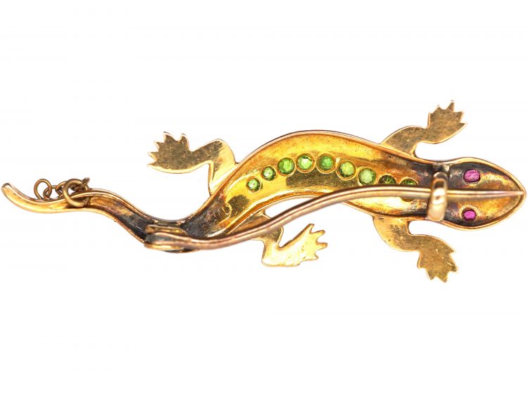 Edwardian 15ct Gold Salamander Brooch set with Green Garnets, Rubies & Natural Split Pearls