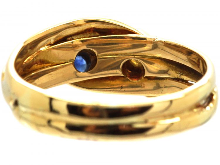 Edwardian 18ct Gold Double Snake Ring set with Diamonds & a Sapphire
