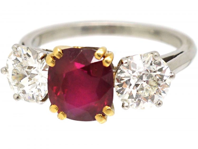 Retro 18ct White & Yellow Gold, Ruby & Diamond Three Stone Ring