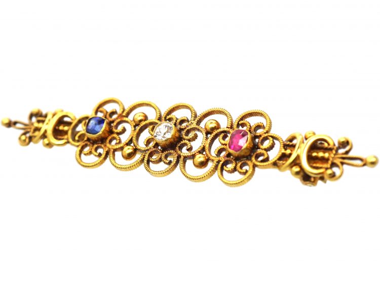 Victorian 18ct Gold, Ruby, Diamond & Sapphire Brooch by John Brogden in Original Case