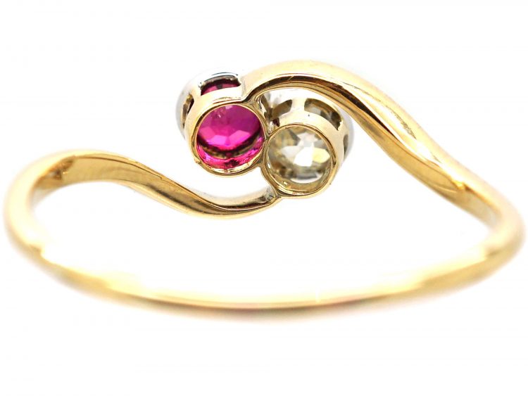 Art Nouveau 18ct Gold, Ruby & Diamond Crossover Ring