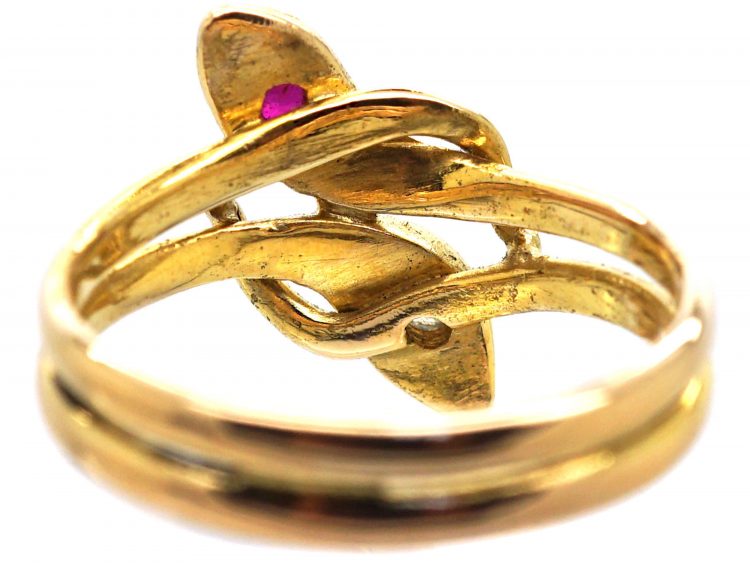 Edwardian 18ct Gold Double Snake Ring set with a Ruby & Diamond
