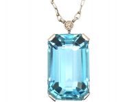 Art Deco 18ct White Gold, Diamond & Rectangular Cut Aquamarine Pendant on 18ct White Gold Chain