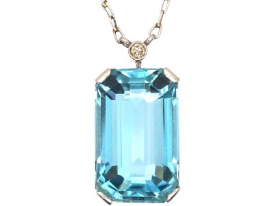 Art Deco 18ct White Gold, Diamond & Rectangular Cut Aquamarine Pendant on 18ct White Gold Chain