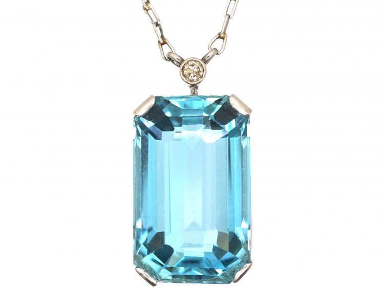 Art Deco 18ct White Gold, Diamond & Rectangular Cut Aquamarine Pendant on 18ct White Gold Chain