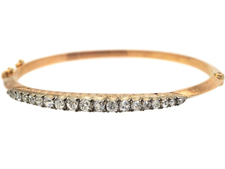 Edwardian 15ct Gold Bangle set with Graduated Old Mine Cut Diamonds
