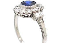 Art Deco 14ct White Gold, Sapphire & Diamond Cluster Ring with Diamond Set Shoulders