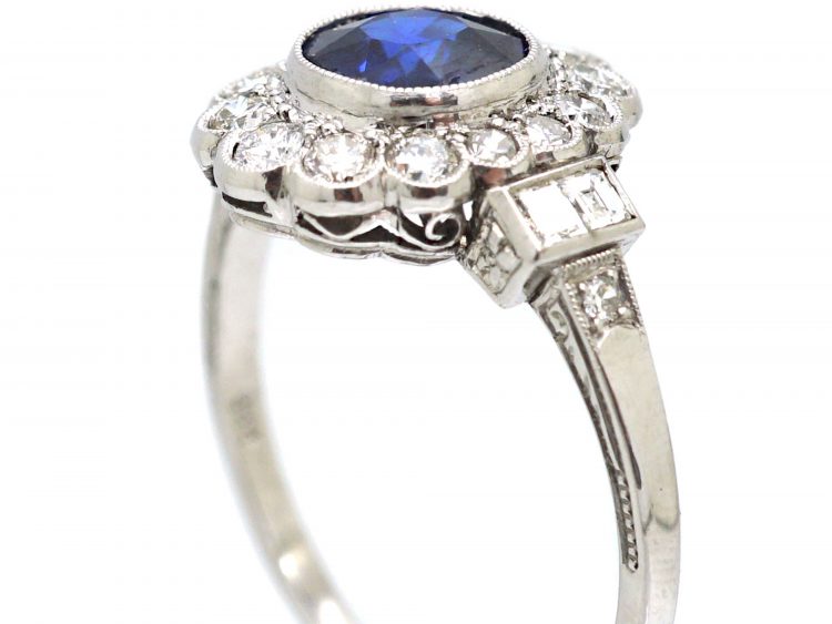 Art Deco 14ct White Gold, Sapphire & Diamond Cluster Ring with Diamond Set Shoulders
