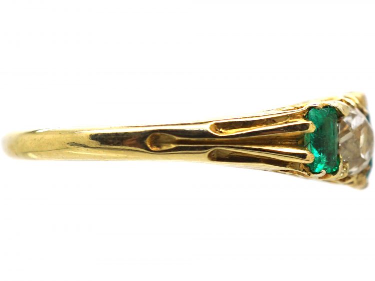 Victorian 18ct Gold, Five Stone Emerald & Diamond Carved Half Hoop Ring