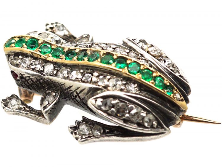 Edwardian Frog Brooch set with Emeralds & Diamonds