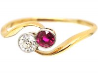 Art Nouveau 18ct Gold, Ruby & Diamond Crossover Ring