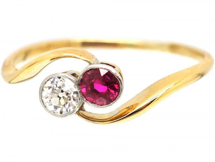 Art Nouveau 18ct Gold, Ruby & Diamond Crossover Ring