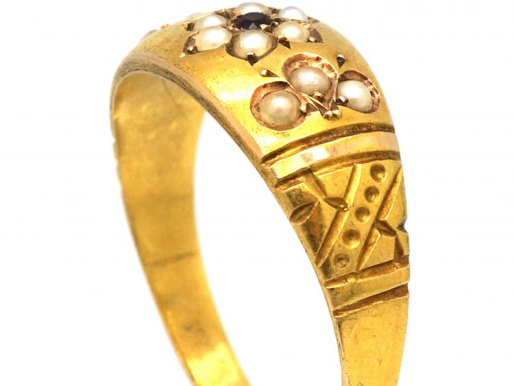 Victorian 15ct Gold, Ruby & Natural Split Pearl Flower Ring