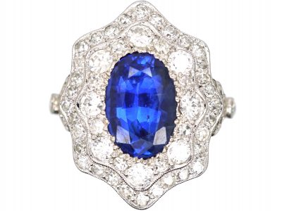 Art Deco Platinum, Unheated Burma Sapphire & Diamond Fancy Cluster Ring
