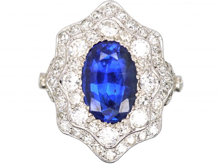 Art Deco Platinum, Unheated Burma Sapphire & Diamond Fancy Cluster Ring