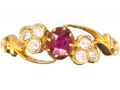 Edwardian 18ct Gold, Ruby & Diamond Trefoil Ring by Deakin & Frances