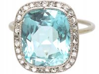 Art Deco Platinum, Aquamarine & Rose Diamond Ring