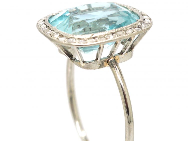 Art Deco Platinum, Aquamarine & Rose Diamond Ring