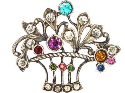 Edwardian Silver & Paste Basket of Flowers Brooch