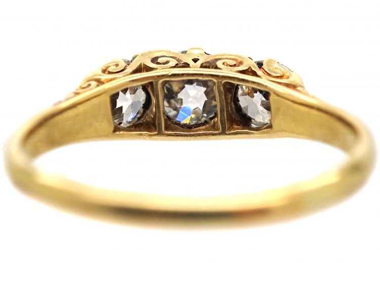 Victorian 18ct Gold, Three Stone Diamond Carved Half Hoop Ring