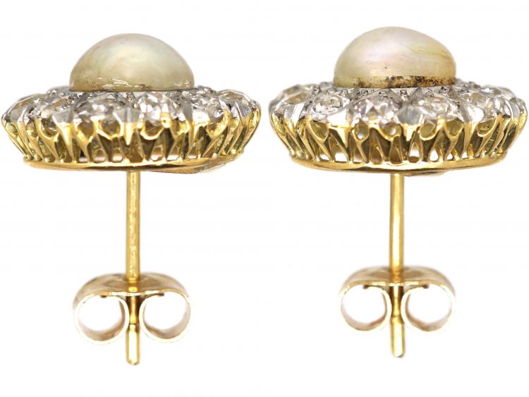 Early 20th Century 18ct Gold, Natural Pearl & Diamond Cluster Earrings