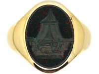 9ct Gold Signet Ring Set with a Bloodstone Intaglio of a Pagoda & Lion by Charles Green & Sons