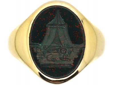 9ct Gold Signet Ring Set with a Bloodstone Intaglio of a Pagoda & Lion by Charles Green & Sons