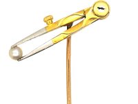 French Masonic 18ct White & Yellow Gold Pair of Compasses Holding a Natural Pearl Tie Pin
