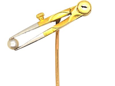 French Masonic 18ct White & Yellow Gold Pair of Compasses Holding a Natural Pearl Tie Pin
