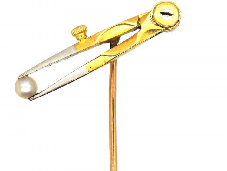 French Masonic 18ct White & Yellow Gold Pair of Compasses Holding a Natural Pearl Tie Pin