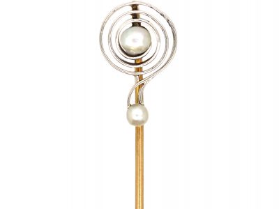 Edwardian 14ct Gold & Platinum Question Mark Tie Pin set with Two Natural Pearls