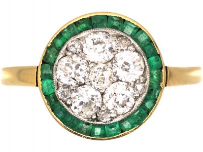 Art Deco 18ct Gold & Platinum Target Ring set with Diamonds & Emeralds