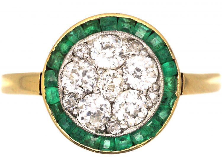 Art Deco 18ct Gold & Platinum Target Ring set with Diamonds & Emeralds