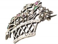 French Belle Epoque Silver, Ruby, Emerald & Natural Split Pearl Giardinetti Brooch