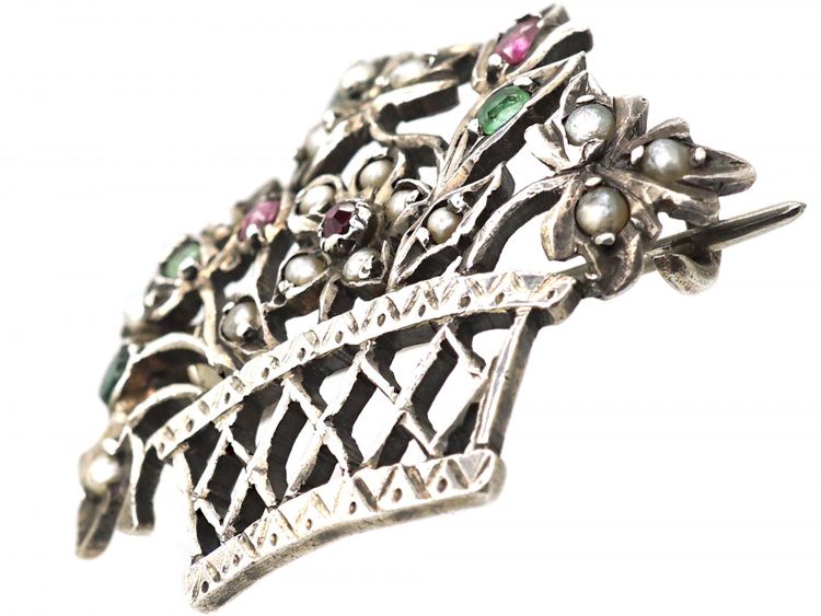 French Belle Epoque Silver, Ruby, Emerald & Natural Split Pearl Giardinetti Brooch