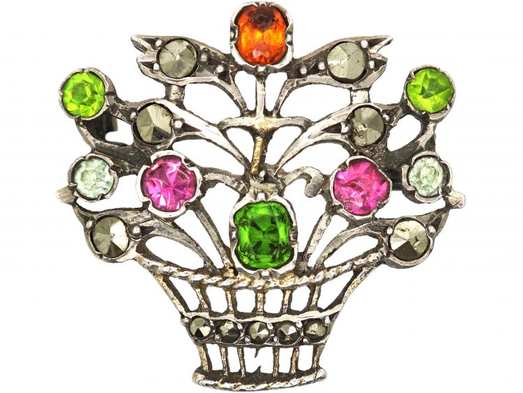 Edwardian Silver, Marcasite & Coloured Paste Giardinetti Brooch