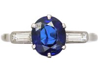 Retro 18ct White Gold & Platinum, Unheated Sapphire Solitaire Ring with Baguette Diamond Shoulders