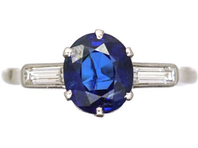 Retro 18ct White Gold & Platinum, Unheated Sapphire Solitaire Ring with Baguette Diamond Shoulders