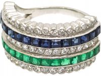 Art Deco 18ct White Gold, Diamond, Sapphire & Emerald Half Eternity Ring