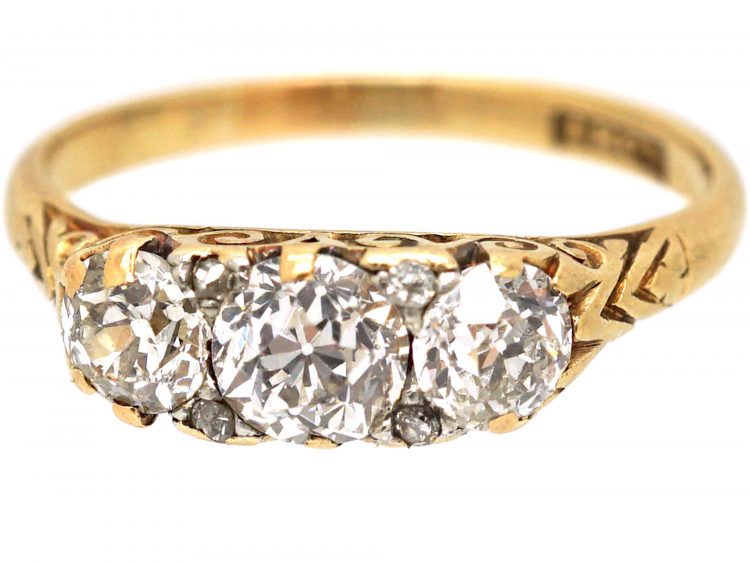 Victorian 18ct Gold, Three Stone Diamond Carved Half Hoop Ring