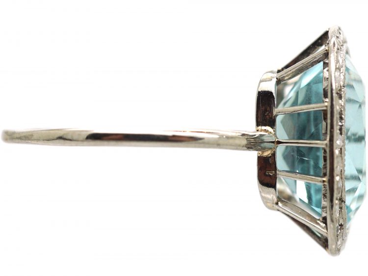Art Deco Platinum, Aquamarine & Rose Diamond Ring