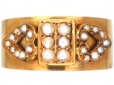 Belle Epoque French 18ct Gold Ring with Natural Split Pearl Hearts Motif