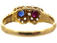 Edwardian 15ct Gold, Double Heart Ring set with Rose Cut Diamonds, a Ruby & a Sapphire