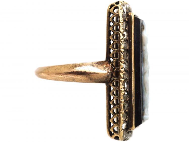 Victorian Carved Onyx Cameo Ring with Rose Diamond Border