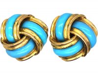 Victorian 9ct Gold Knot Earrings with Turquoise Enamel