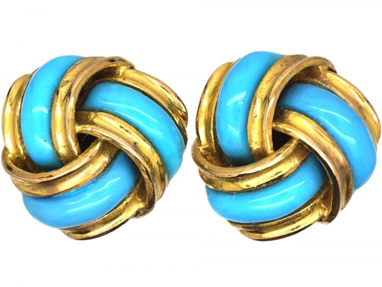 Victorian 9ct Gold Knot Earrings with Turquoise Enamel