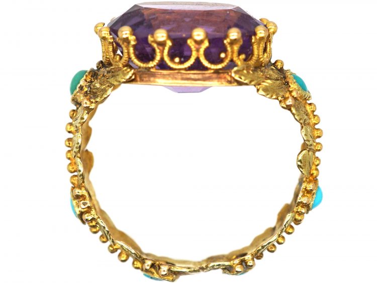 Georgian 15ct Two Colour Gold, Amethyst & Turquoise Ring with Floral Detail